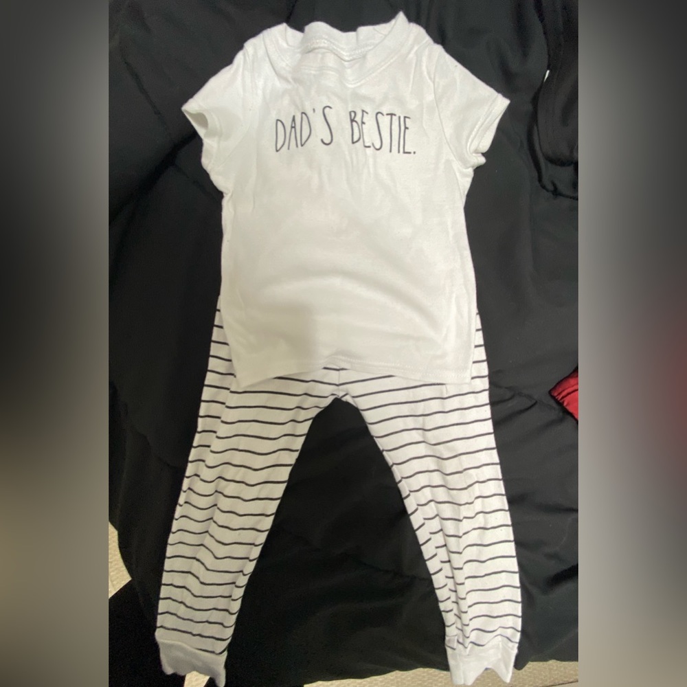 Toddler 4T Jammies (Dad’s Bestie shirt with black and white striped pants)